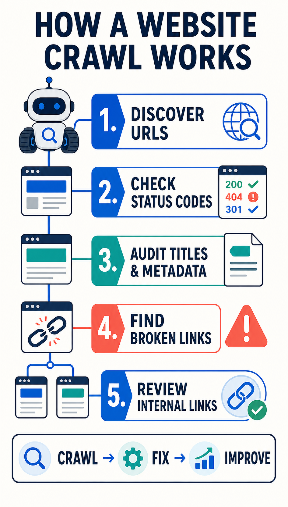 Infographic showing five website crawl steps: discover URLs, check status codes, audit metadata, find broken links, and review internal links